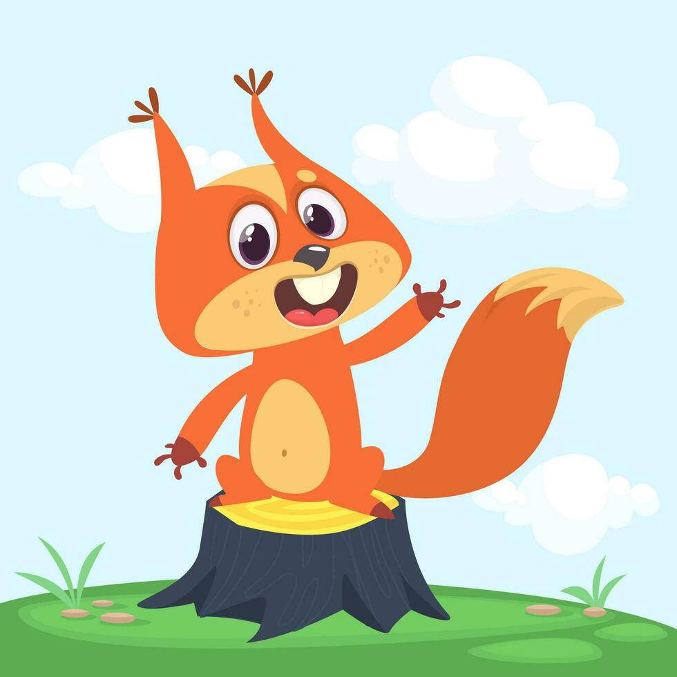Cute cartoon jumping squirrel in playful mood. Vector illustration isolated