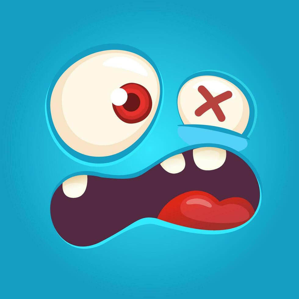 Cartoon angry monster face. Vector Halloween blue monster scared. Monster mask
