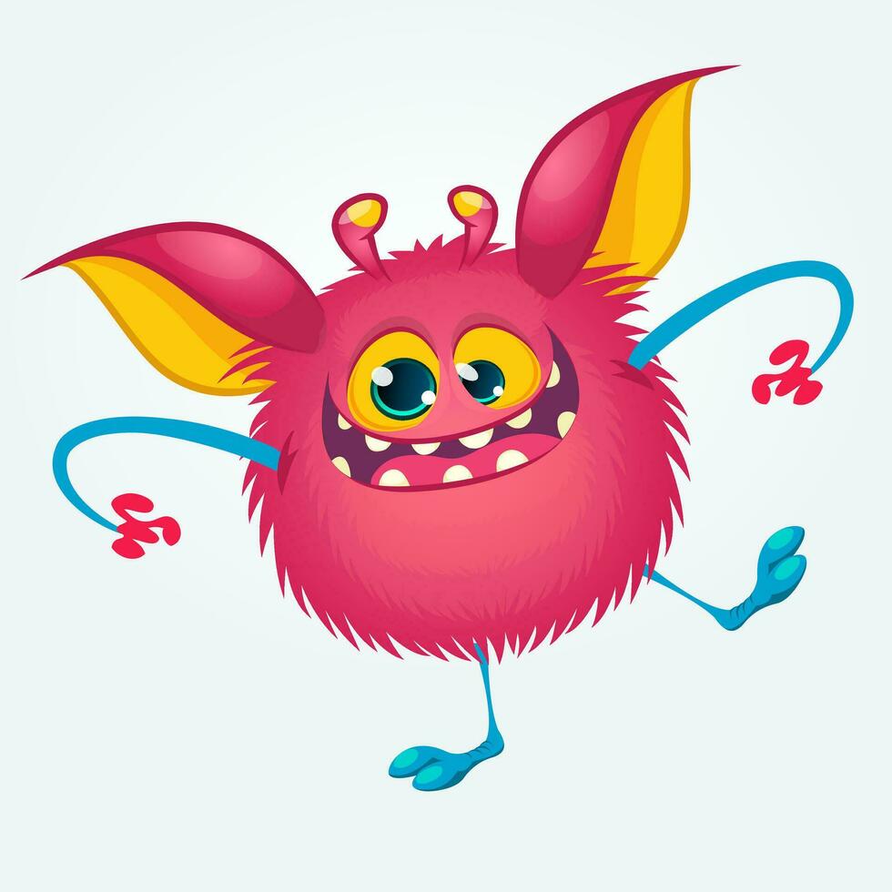 Cartoon pleased funny monster dancing. Halloween vector illustration of funny troll or gremlin