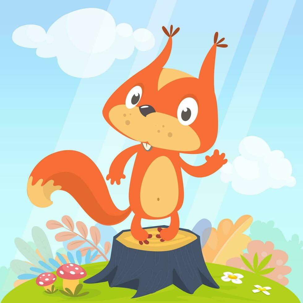 Cute cartoon jumping squirrel in playful mood. Vector illustration isolated