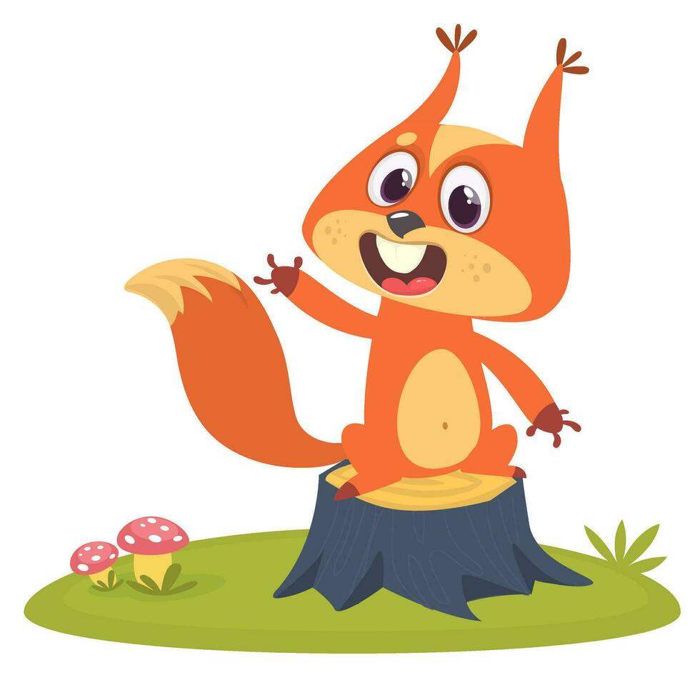 Cute cartoon jumping squirrel in playful mood. Vector illustration isolated