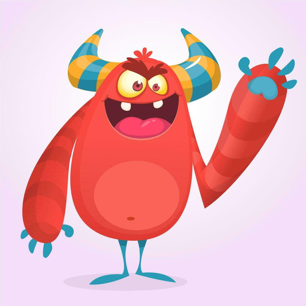 Happy cool cartoon fat monster. Red and horned vector monster character