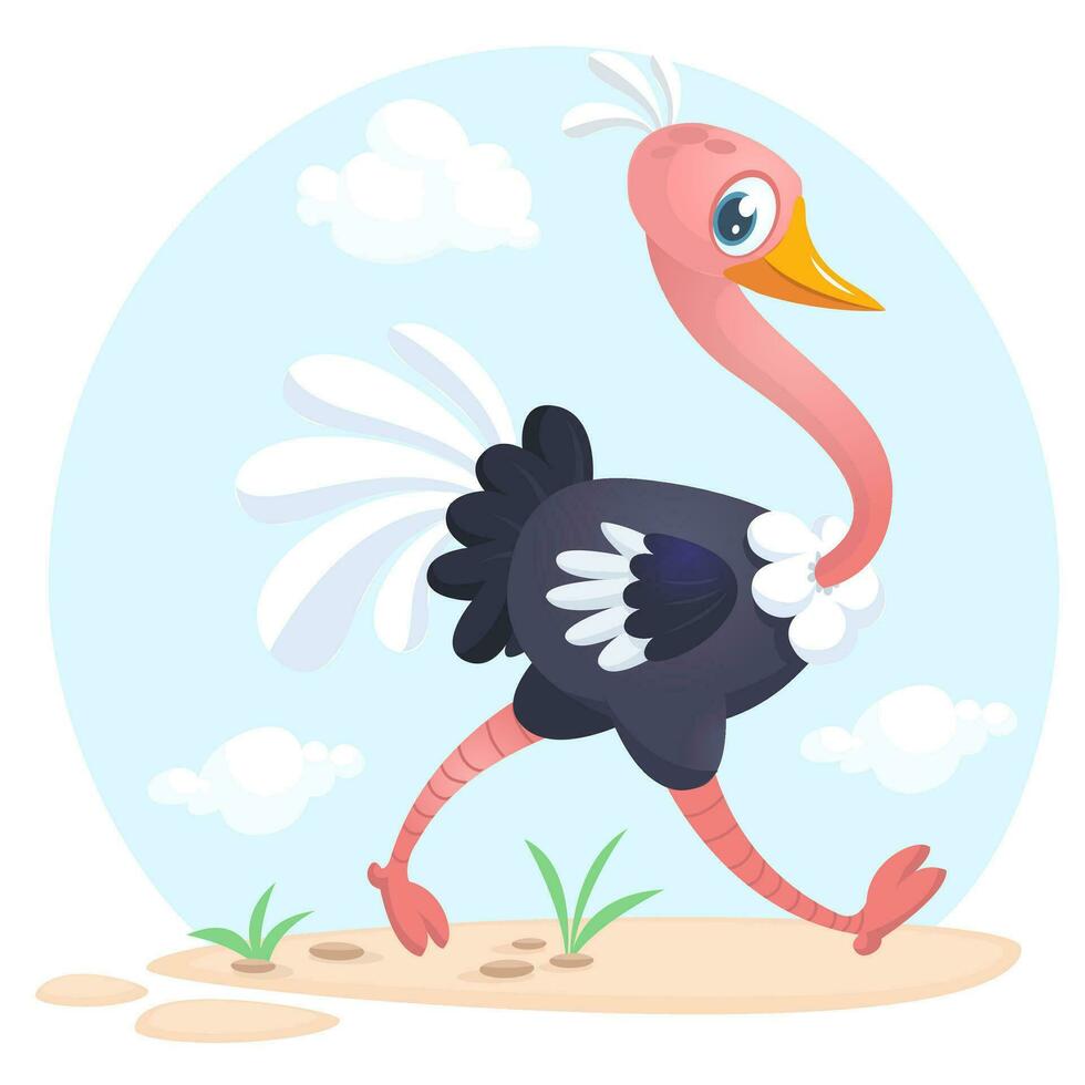 Cute cartoon ostrich. Vector character illustration