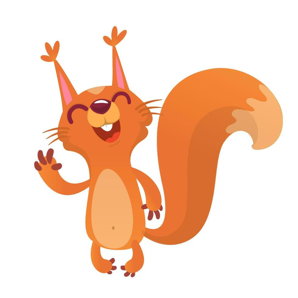 Cute cartoon squirrel presenting and waving hand. Vector illustration