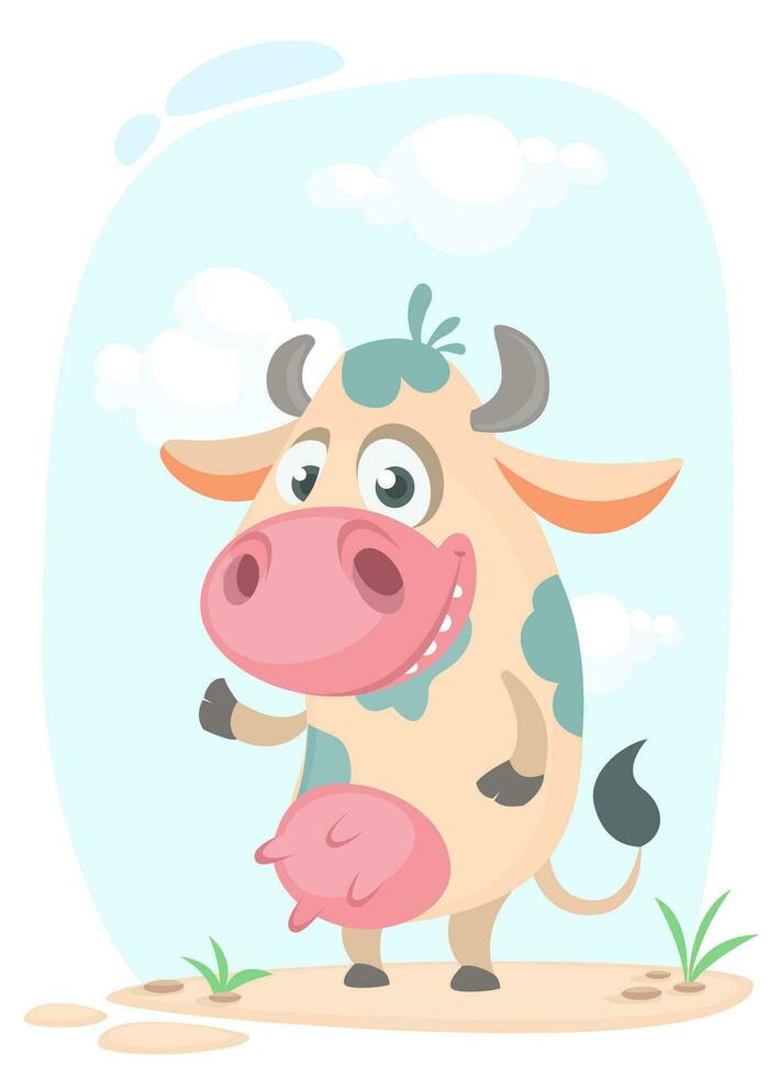 Cartoon cute pretty cow standing and smiling vector