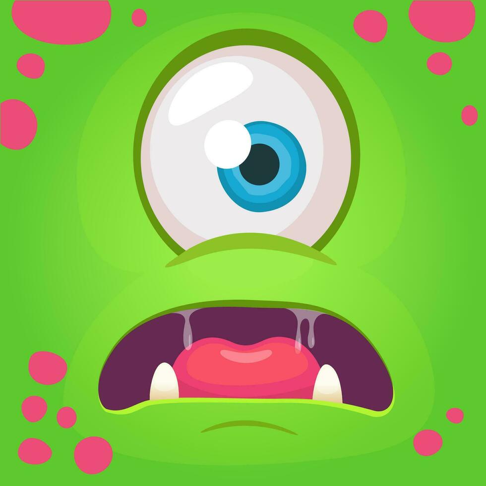 Cartoon angry monster face avatar. Vector Halloween green monster with one eye. Monster mask