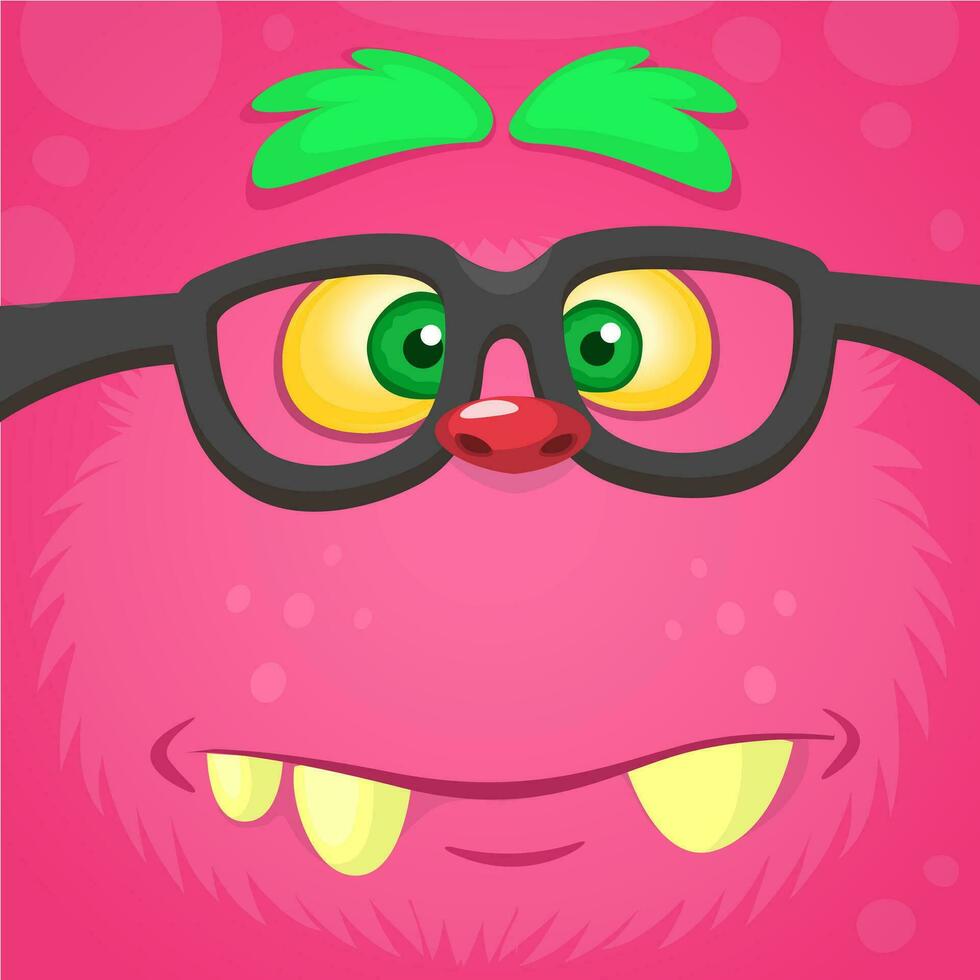Cartoon smart monster face wearing glasses. Halloween vector illustration of furry pink monster