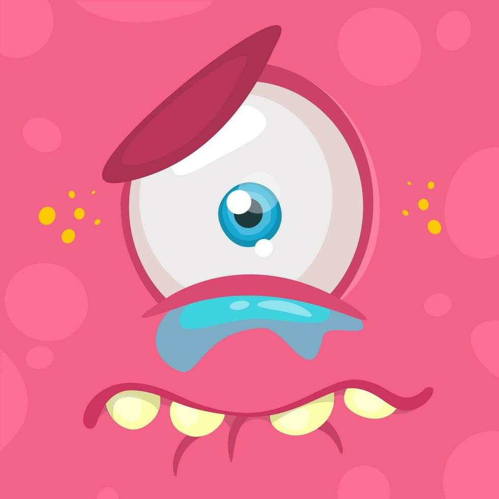 Crying cartoon monster face. Vector Halloween pink sad monster with one eye