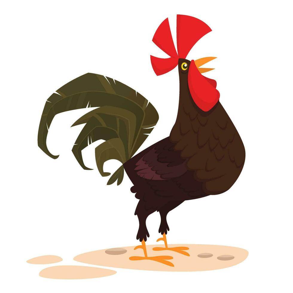 Fat cartoon rooster. Colorful vector illustration of singing rooster