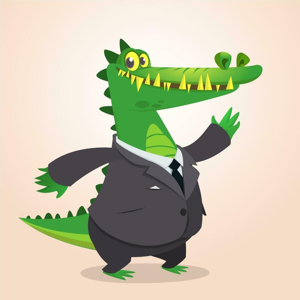 Cute cartoon crocodile, alligator or dinosaur wearing black businessman suit. vector