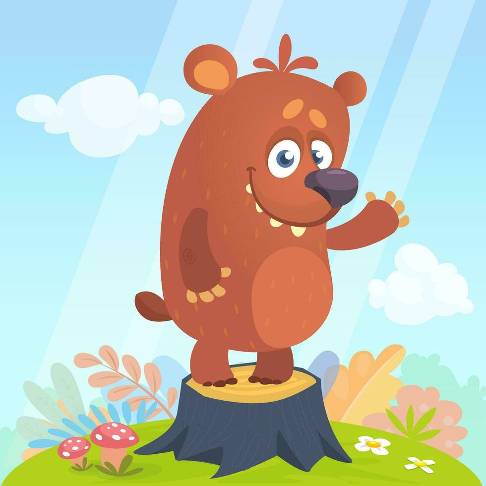 dibujos animados pequeño oso en pie en árbol tocón vector