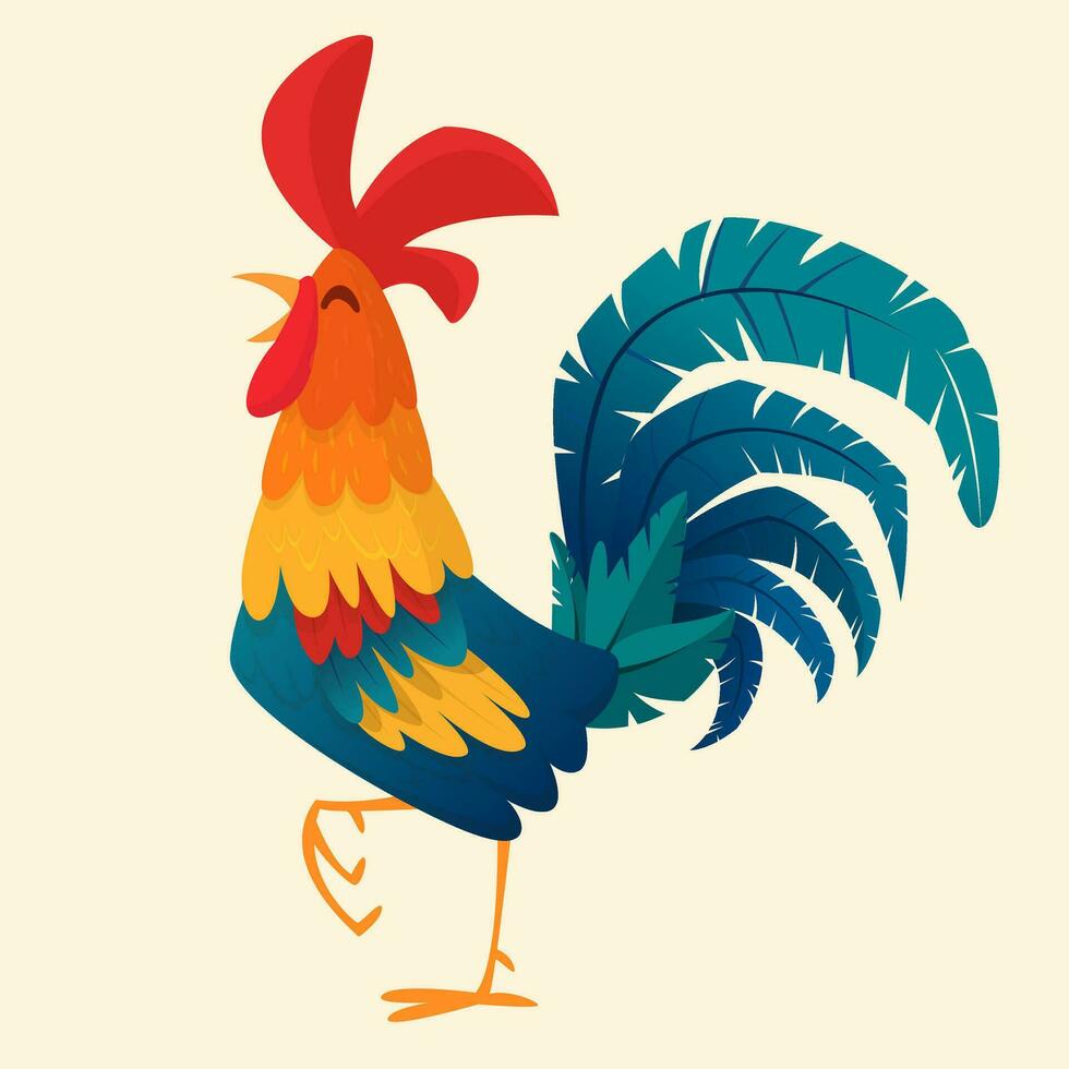 Fat cartoon rooster. Colorful vector illustration of singing rooster