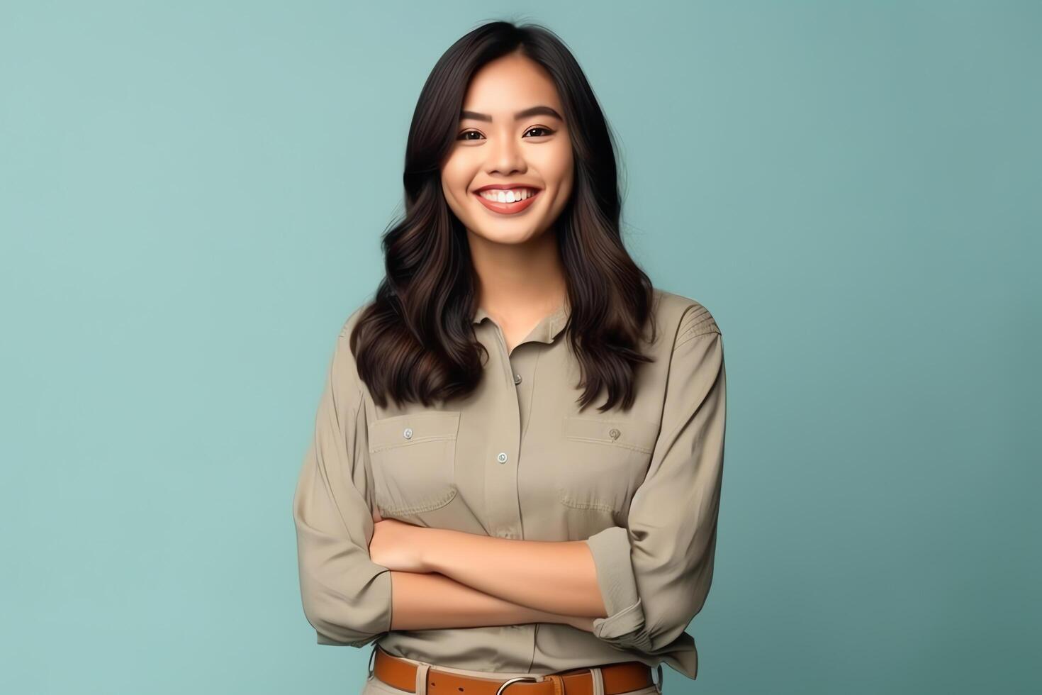 Beautiful asian woman in casual with smile cheerful. Studio shot asian woman standing hand gesture concept by photo