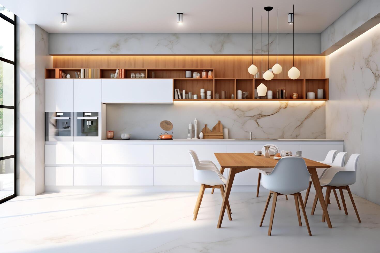 Modern kitchen interior design in apartment or house with furniture. Luxury kitchen home scandinavian concept by photo