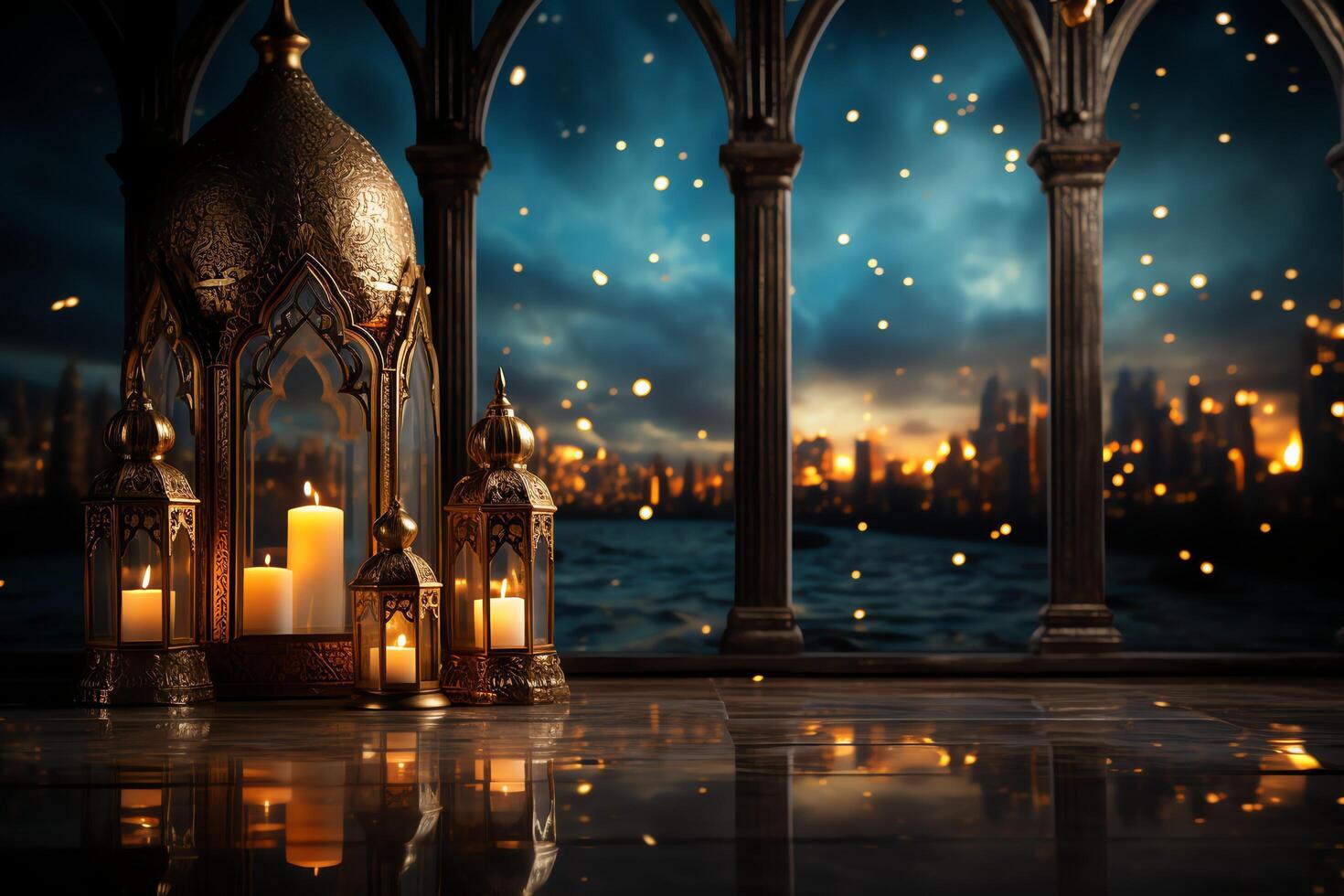 Eid mubarak and ramadan kareem greetings with islamic lantern and mosque. Eid al fitr background. Eid al fitr background of window concept by photo