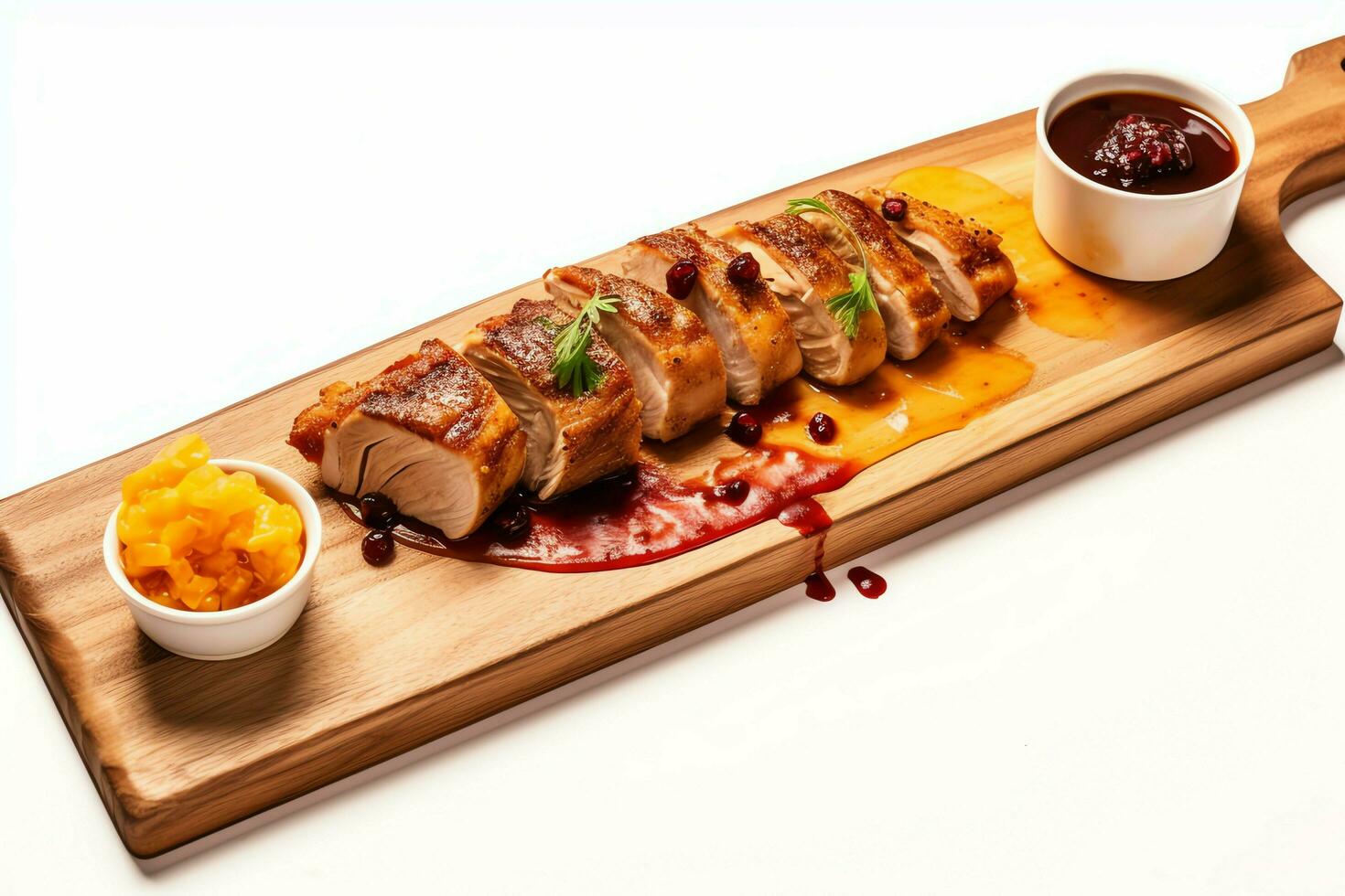 Pork belly braaivleis with mango and chili sauce served on a wooden plank. Restaurant food concept by AI Generated photo