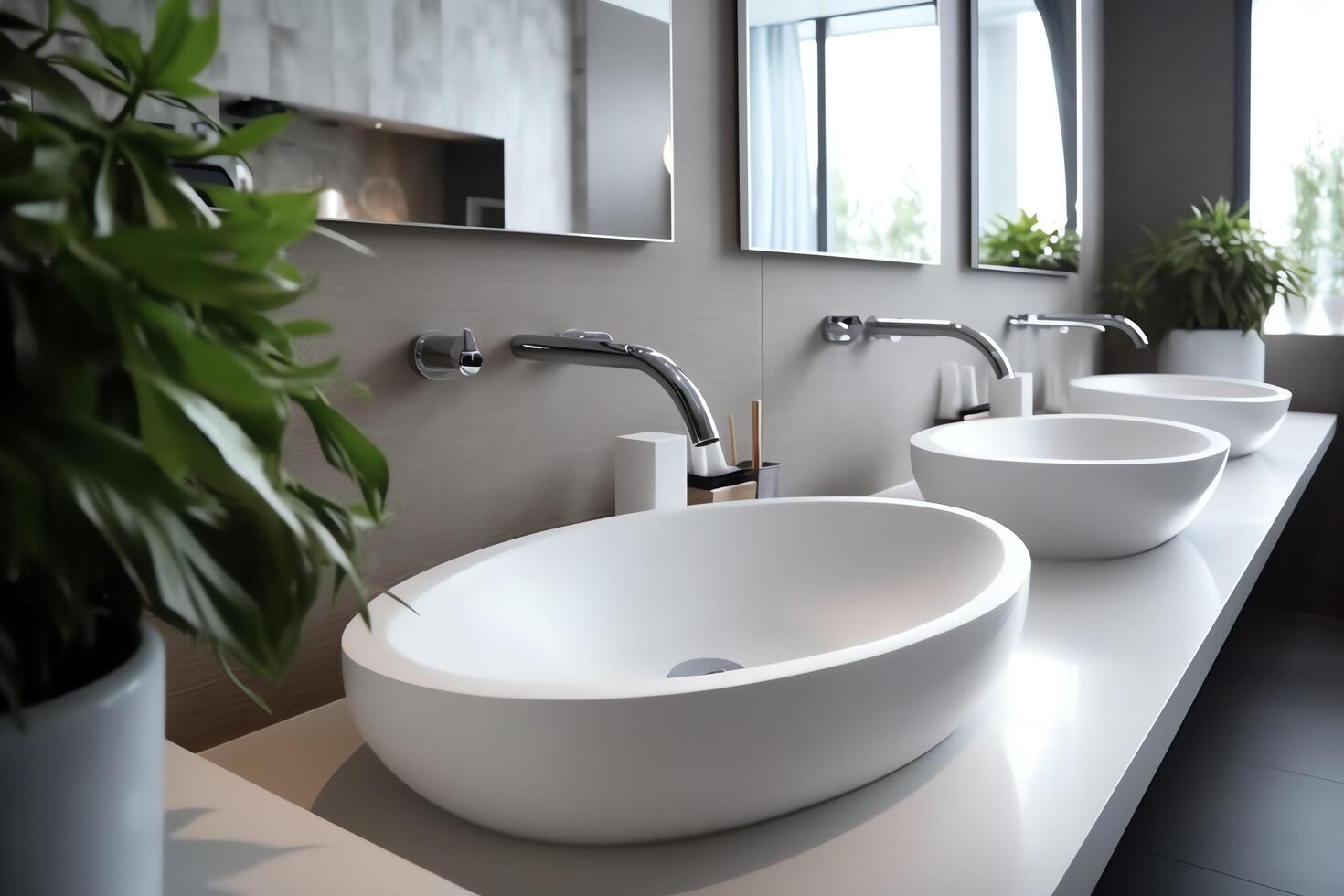 Modern public bathroom with row of white ceramic wash sink basins and faucet with mirror in restroom concept by AI Generated photo