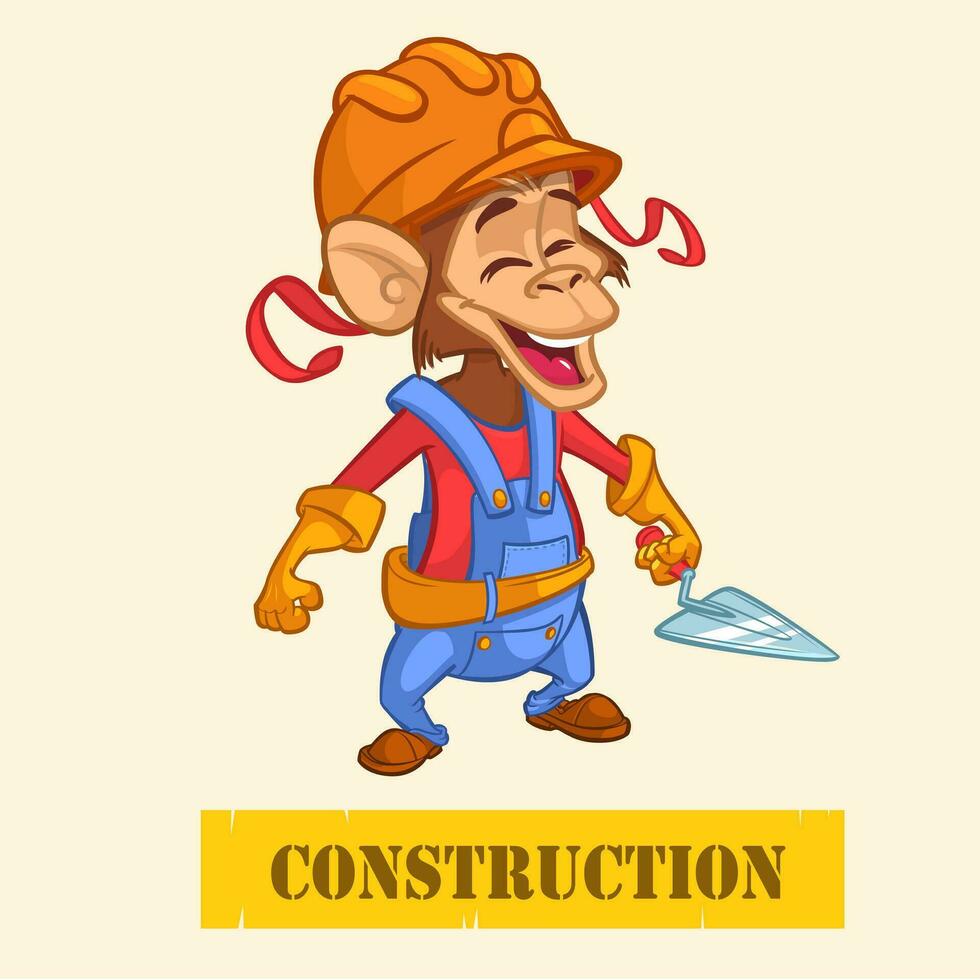 Cartoon engineer monkey with a trowel. Vector illustration with under construction title