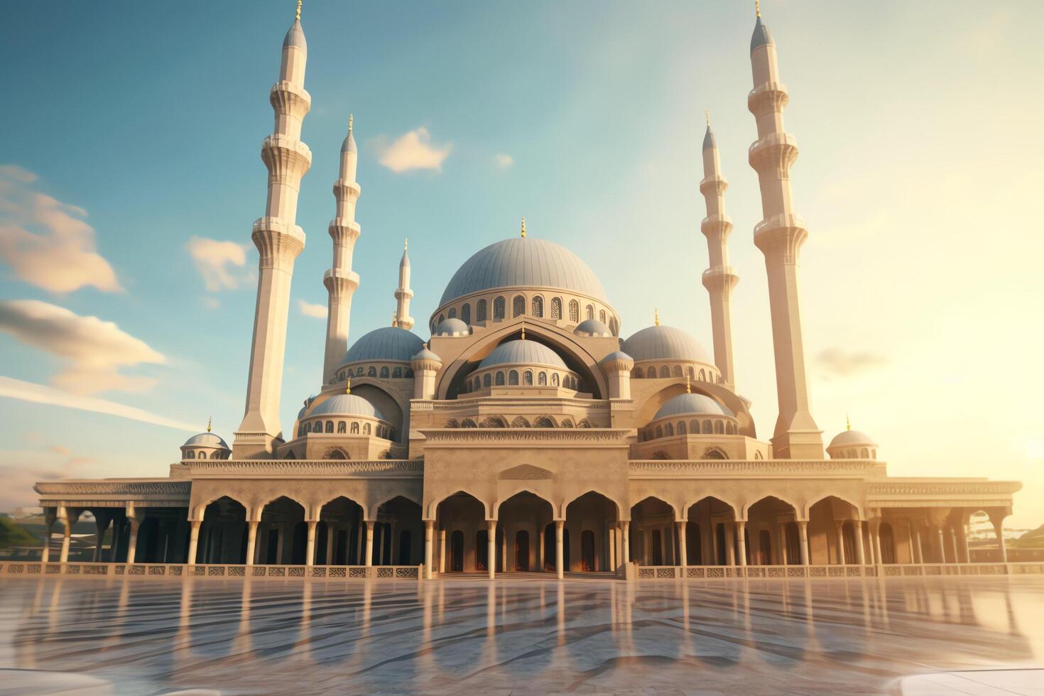 Awesome buildings of mosque in ramadan vibes. Ramadan kareem eid mubarak islamic mosque concept by photo
