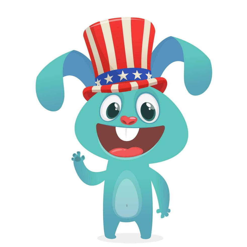 Happy 4th of July sticker card with cartoon rabbit. Vector illustration.