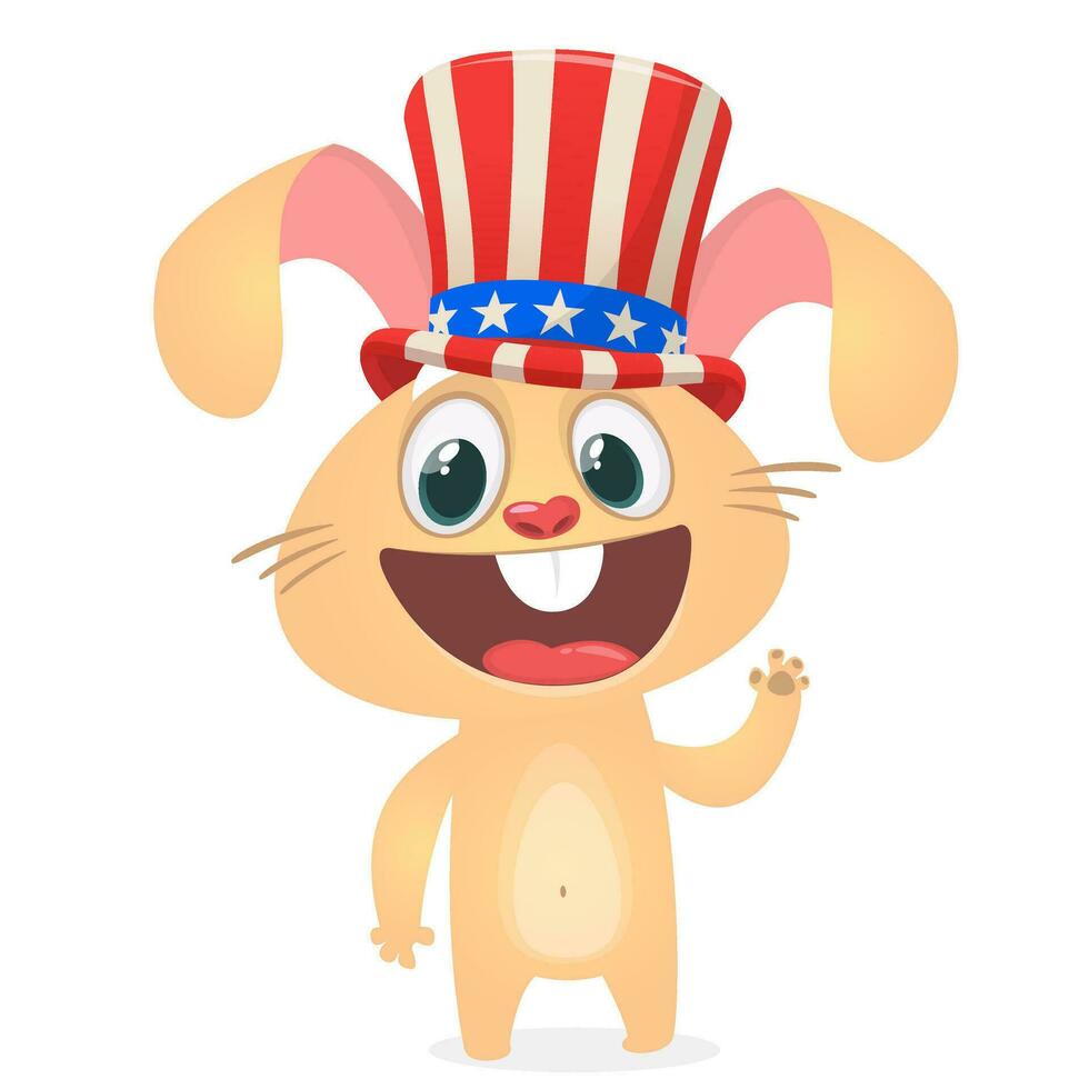 Happy 4th of July sticker card with cartoon rabbit. Vector illustration.