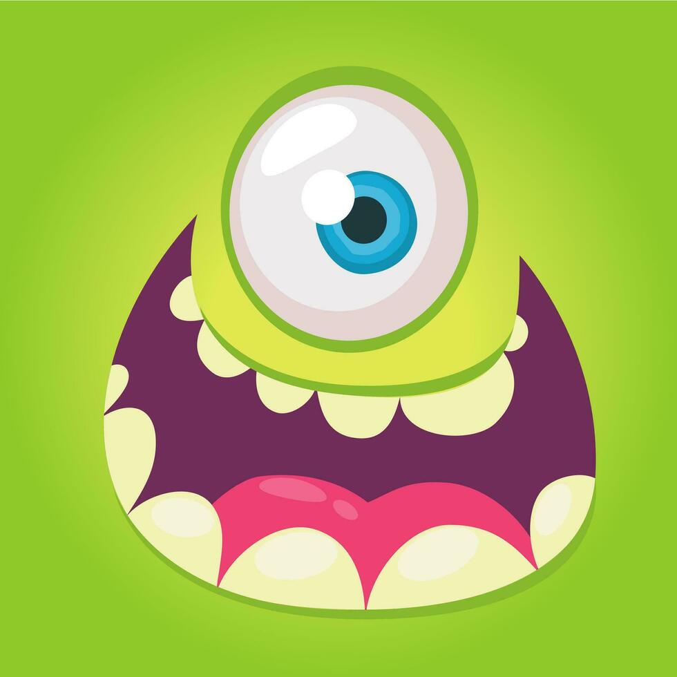 Cartoon monster face. Vector Halloween green cool monster avatar with wide smile. Big set of monster faces. Package design