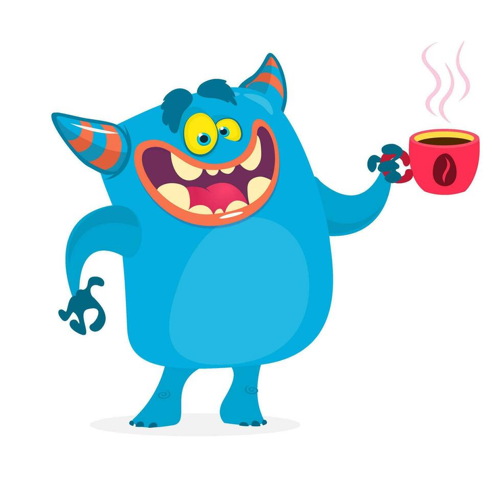 linda azul monstruo teniendo un taza de café en el Mañana. vector Troll personaje