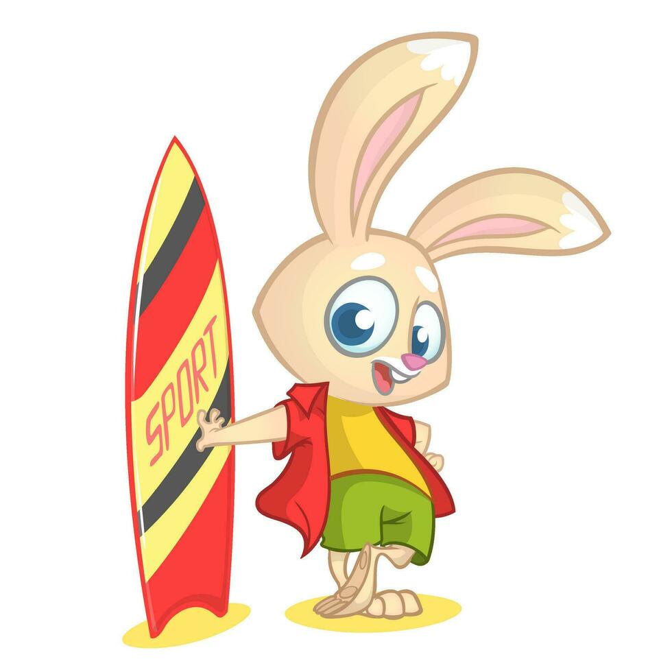 Cartoon rabbit surfer. Vector illustration of white bunny standing with his surfboard isolated on white