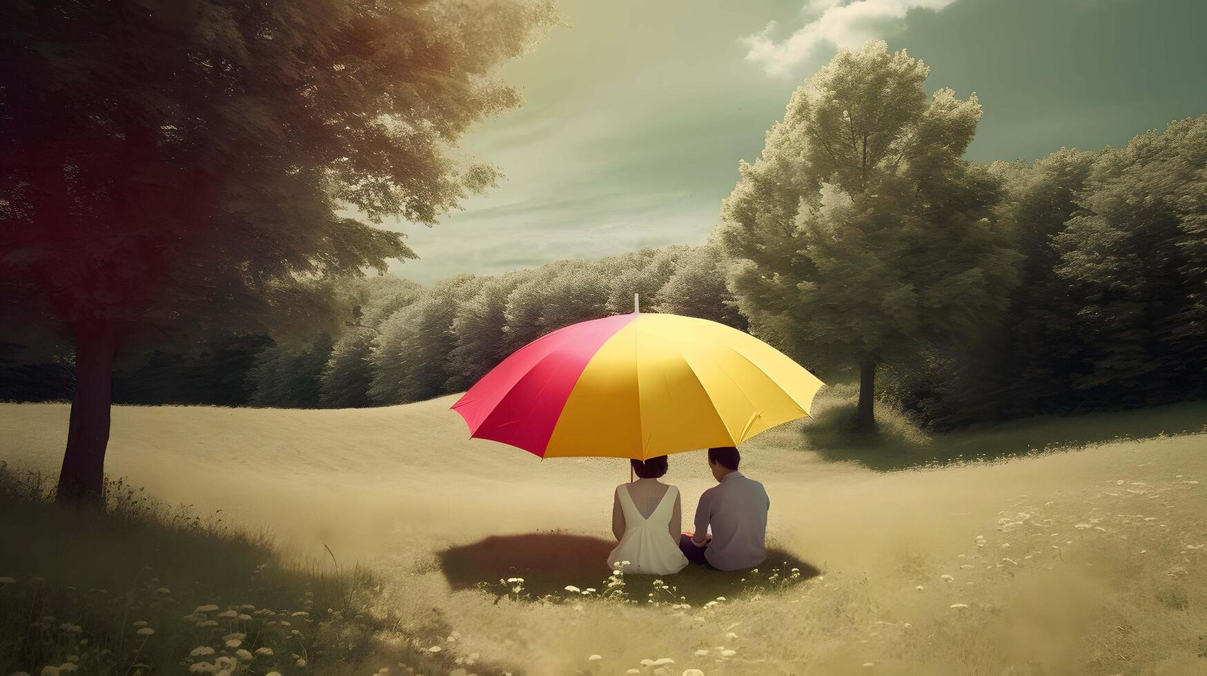 Summer love couple, beach, sunny day, sun, wallpaper background, surreal, stock, Generative AI photo