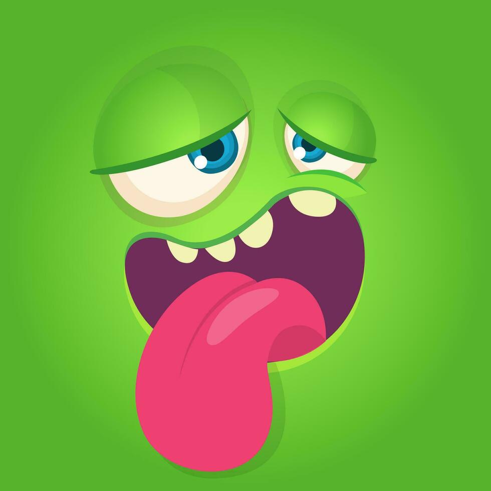 Cartoon monster face. Vector Halloween green tired cool monster avatar. Great for print