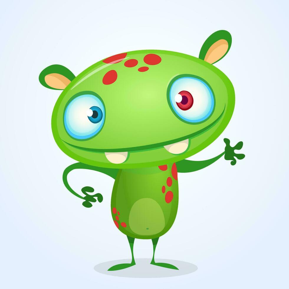 Green funny happy cartoon monster. Green vector alien character. Halloween design