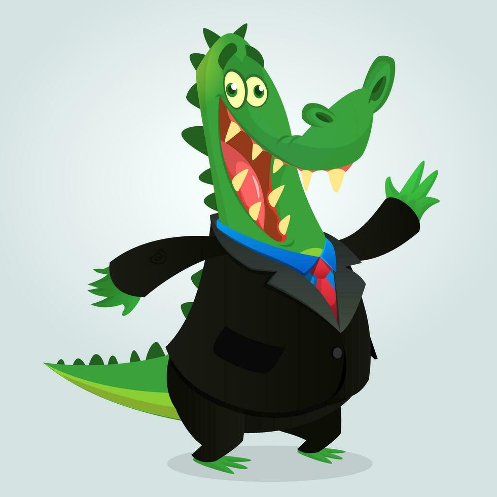 Cute cartoon crocodile, alligator or dinosaur wearing black businessman suit. vector