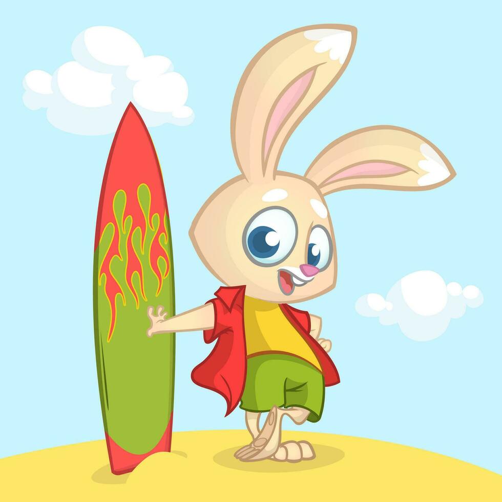 Cartoon rabbit surfer. Vector illustration of white bunny standing with his surfboard isolated on white