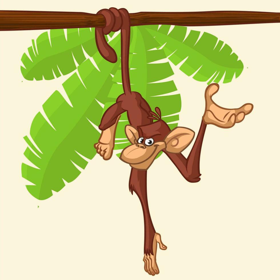 Cute Monkey Chimpanzee Hanging On Wood Branch vector