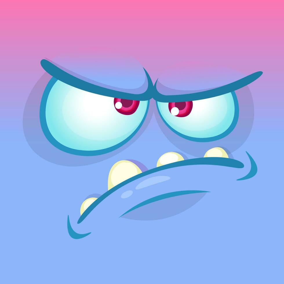 Cartoon angry monster face. Vector Halloween blue monster emotion square avatar