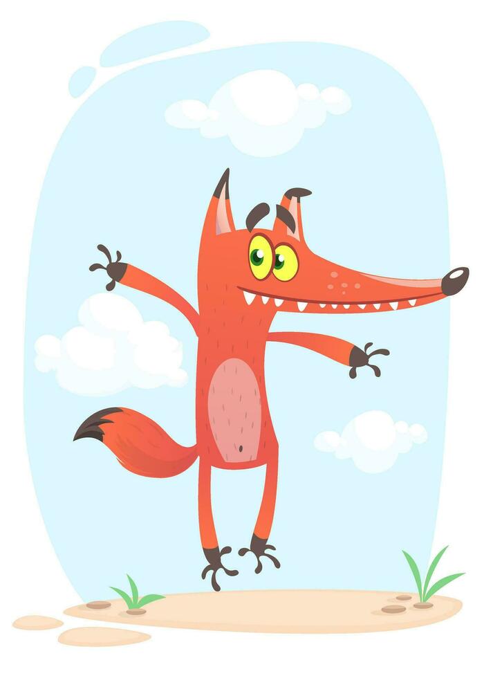 Cartoon funny fox. Vector illustration isolated on meadow background with the sky and clouds