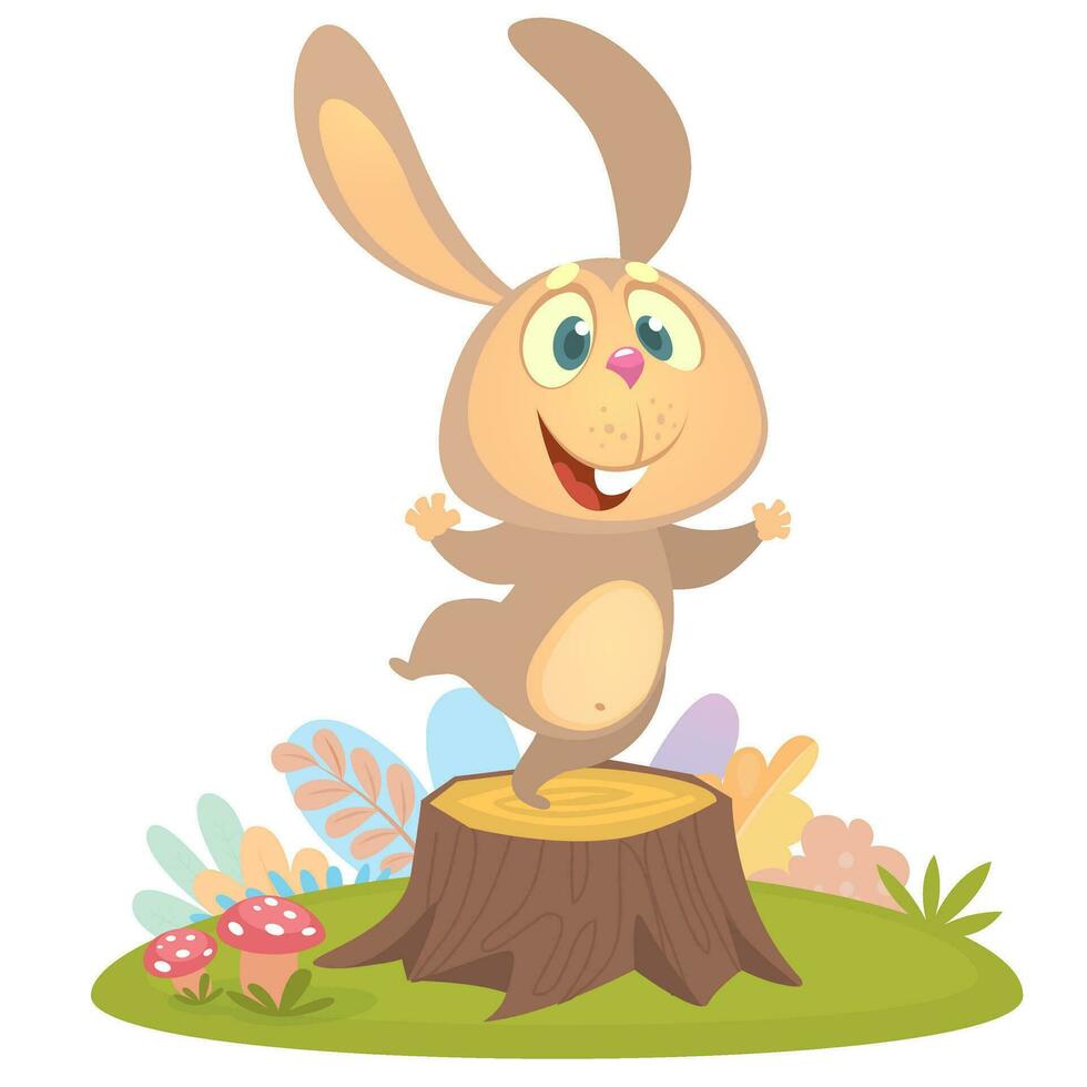 Cartoon cool little bunny rabbit dancing on tree stump vector