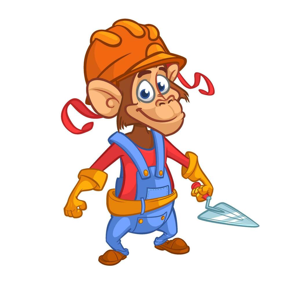 Cartoon engineer monkey with a trowel. Vector illustration with under construction title