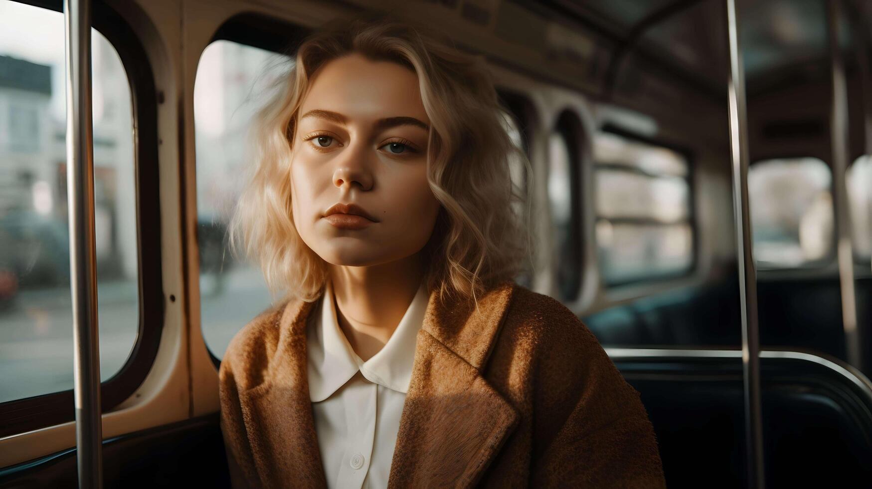 Young blonde woman in the bus, thinking, public transportation, Generative AI photo