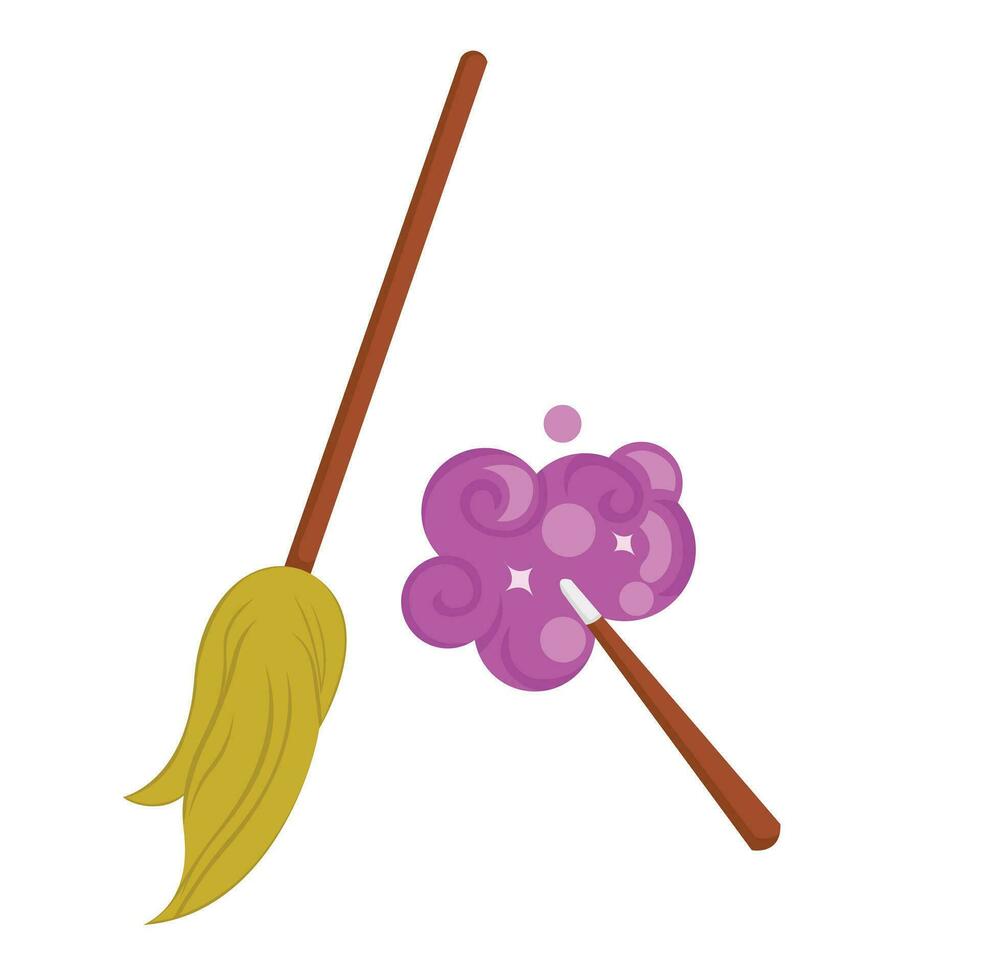 Magic Broom and Stick Witch Cartoon Object Illustration Vector Clipart Sticker