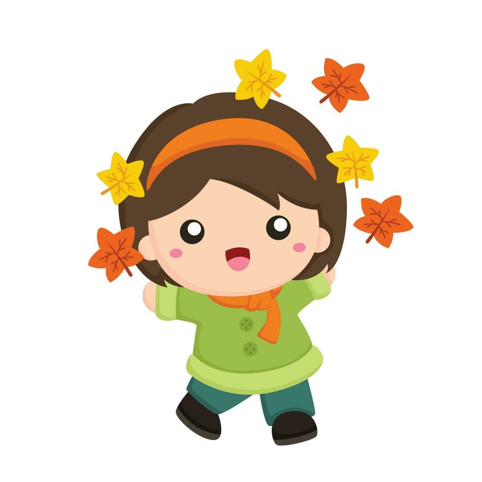 Happy Kids Autumn Season Holiday Cartoon Illustration Vector Clipart Sticker