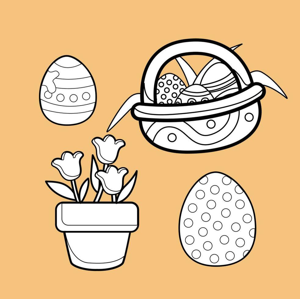 Cute Happy Easter Egg and Flower Holiday Decoration Background Digital Stamp Outline vector