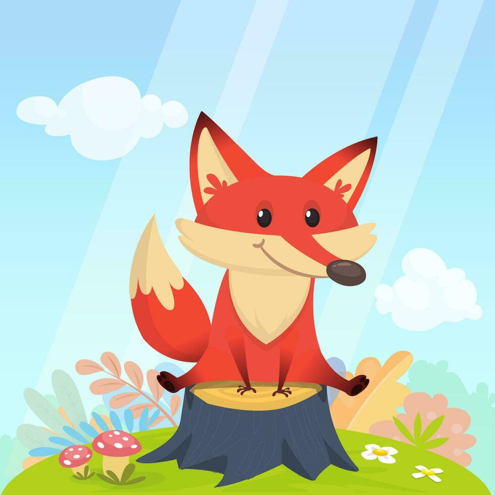 Cartoon funny red fox. Vector illustration