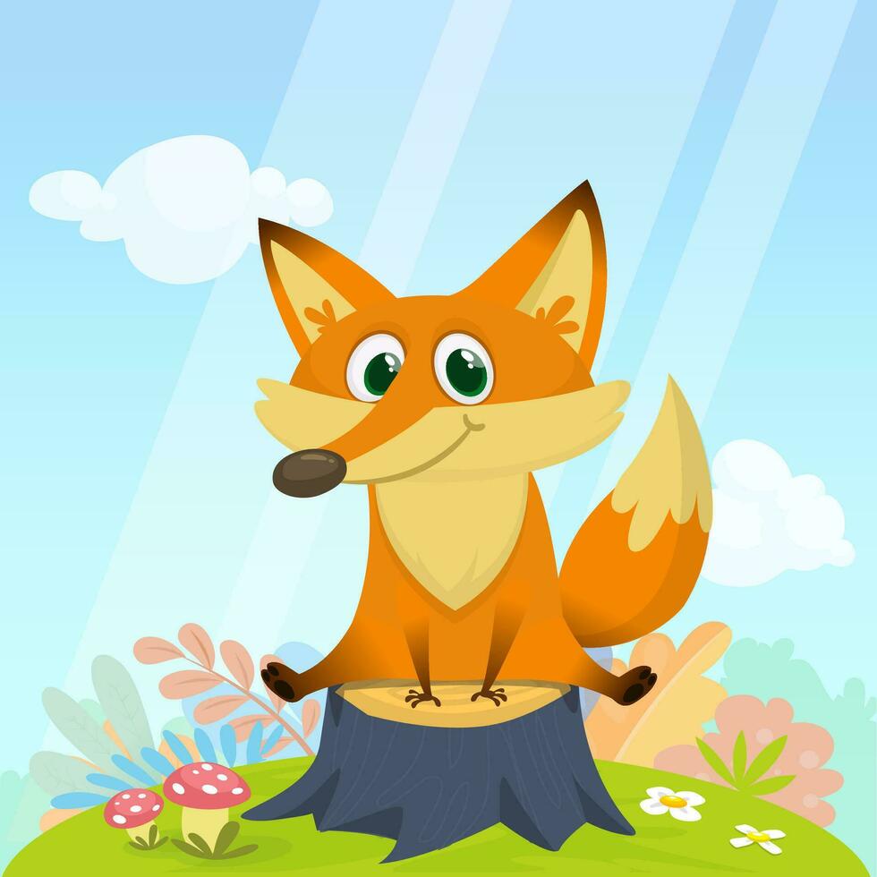 Cartoon funny red fox. Vector illustration