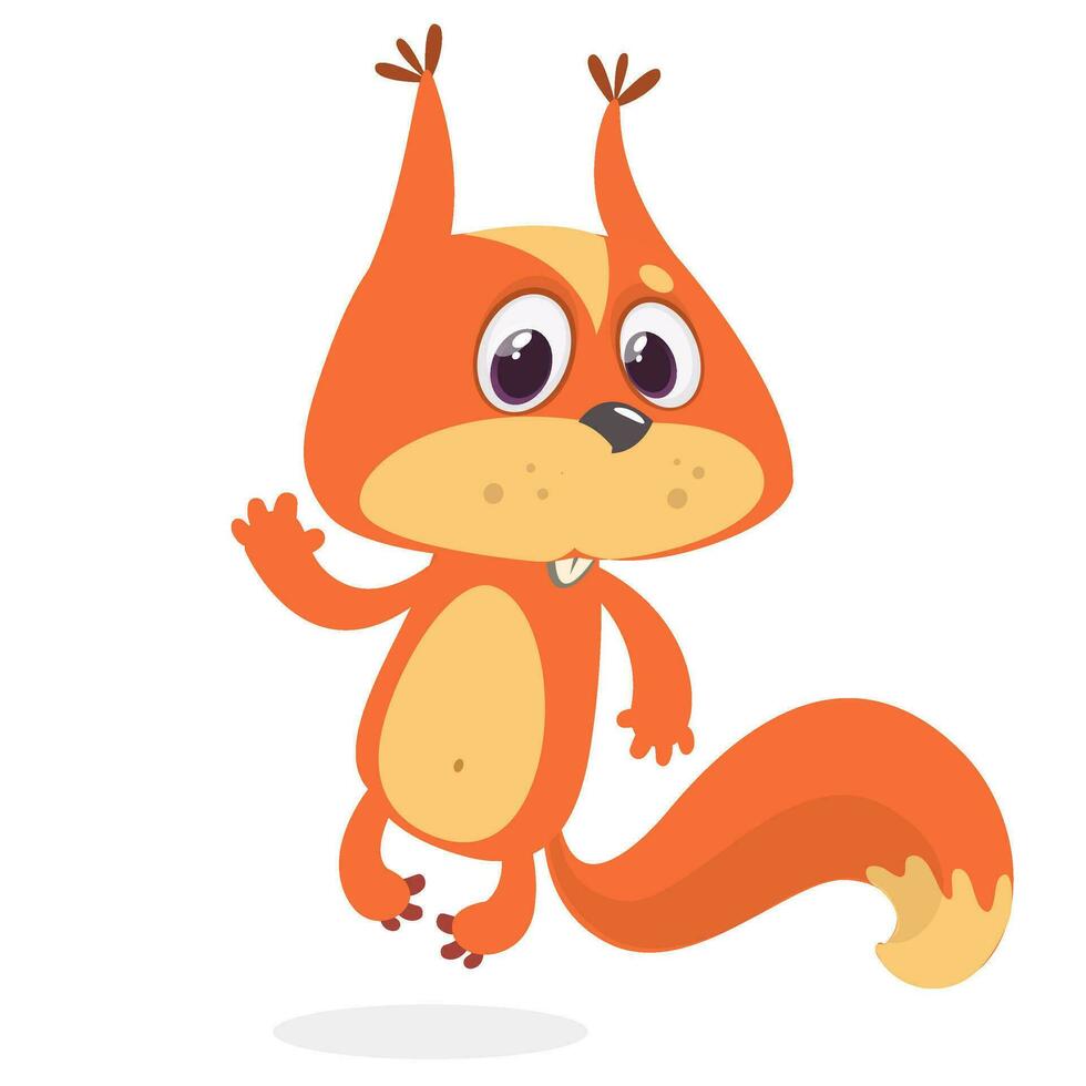 Cute cartoon jumping squirrel in playful mood. Vector illustration isolated