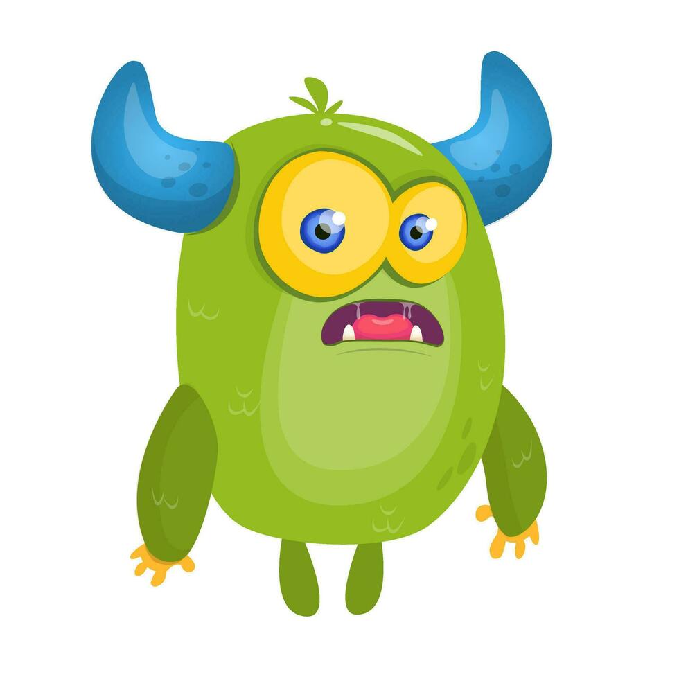 Cartoon surprised green horned monster. Halloween vector illustration