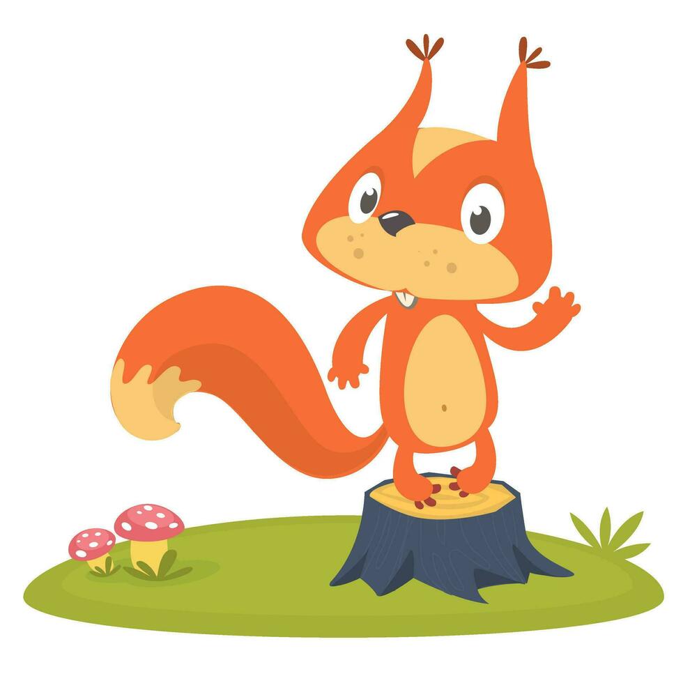 Cute cartoon jumping squirrel in playful mood. Vector illustration isolated