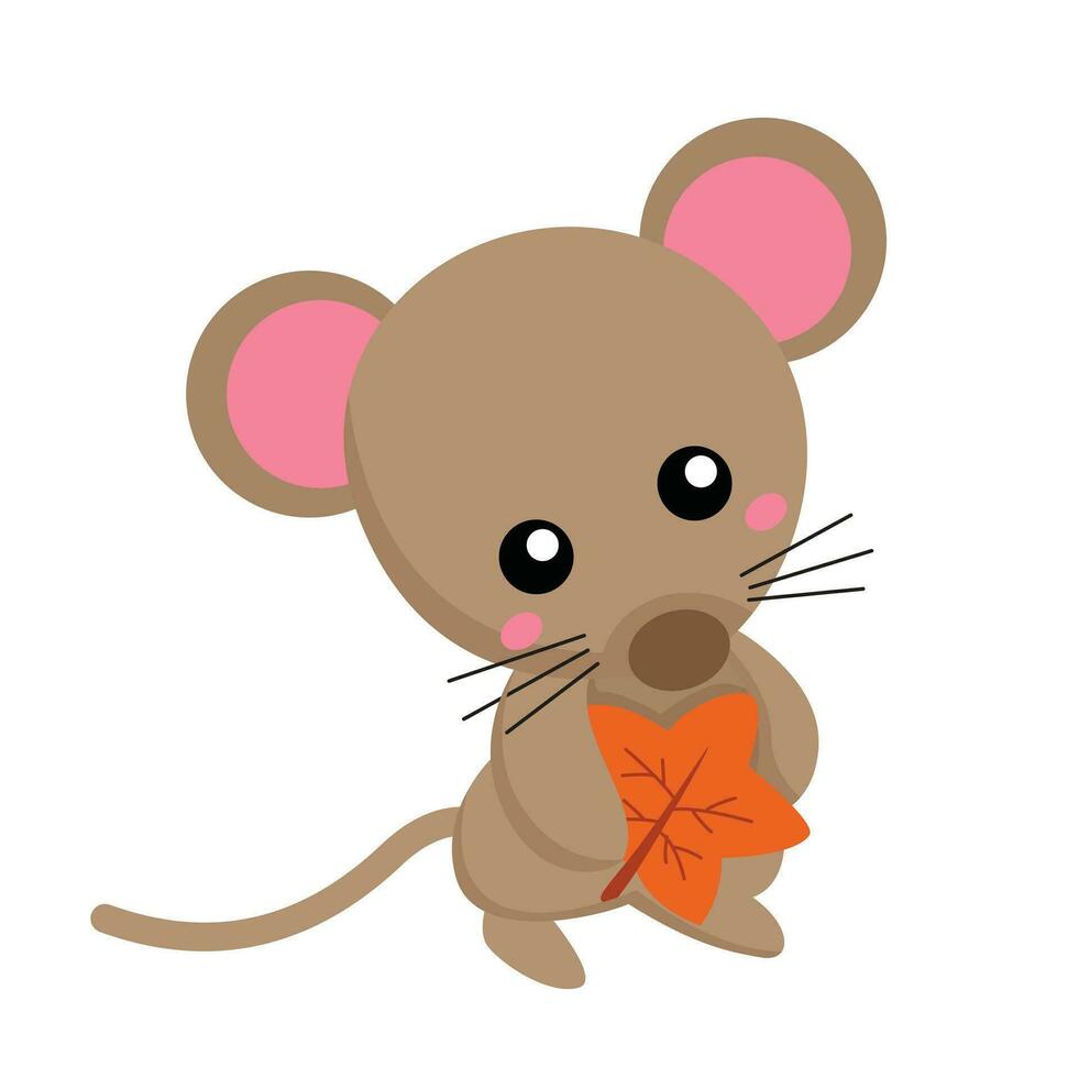 Little Mouse and Autumn Leaves Cartoon Illustration Vector Clipart Sticker