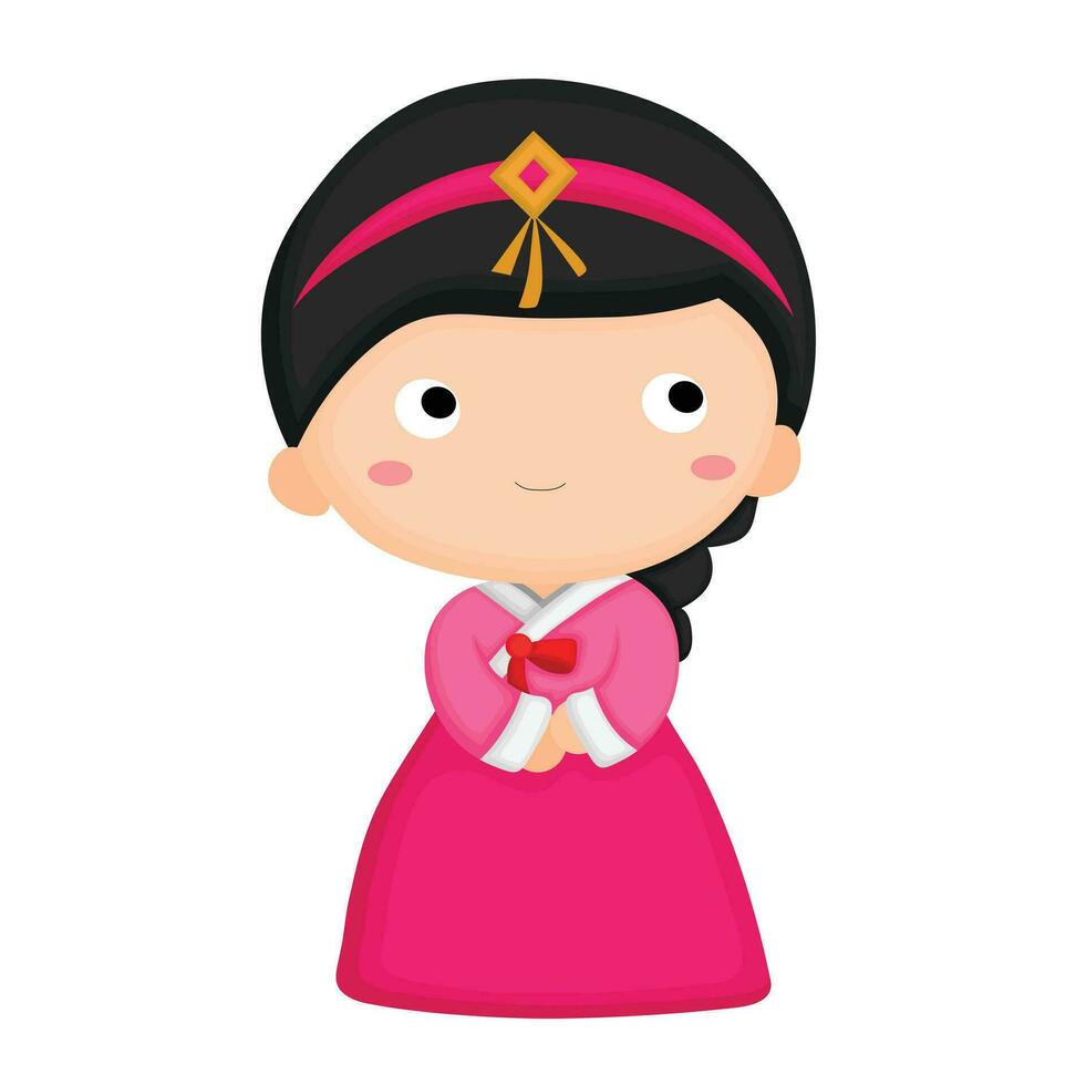 linda niños vistiendo coreano tradicional hanbok dibujos animados ilustración vector clipart pegatina