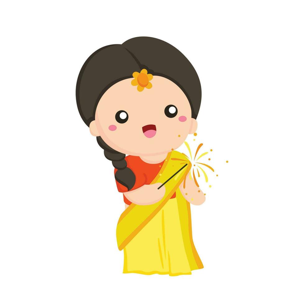 linda diwali deepavali niños tradicional Moda fiesta celebrar dibujos animados ilustración vector clipart pegatina